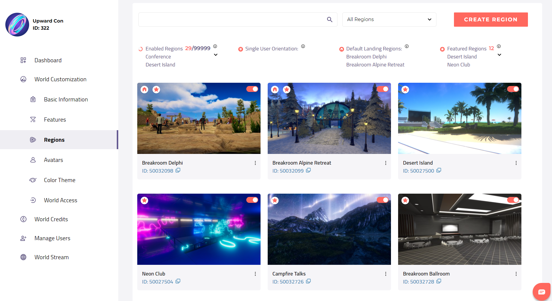 لقطة شاشة لعلامة تبويب World Customization > Regions في Dashboard، تعرض ست بطاقات Region.